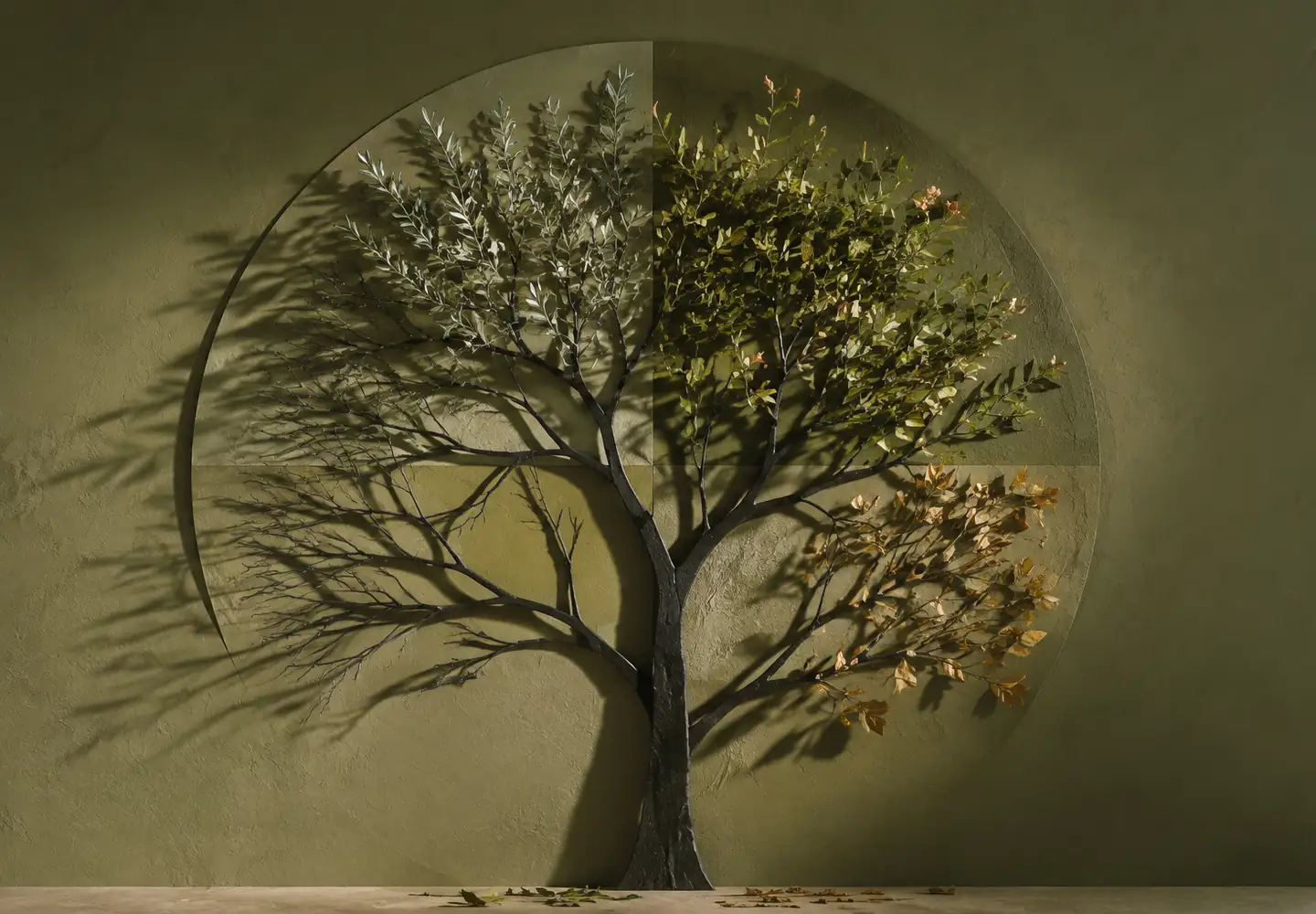 Silueta escultórica de un árbol dividida en cuatro estados estacionales sobre un círculo verde oliva